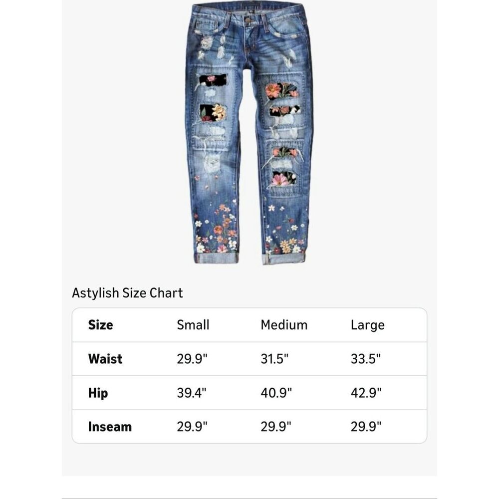 ASTYLISH Floral Patch Distressed Boyfriend Skinny Jeans, Size S BEACH PARTY! - Picture 4 of 13